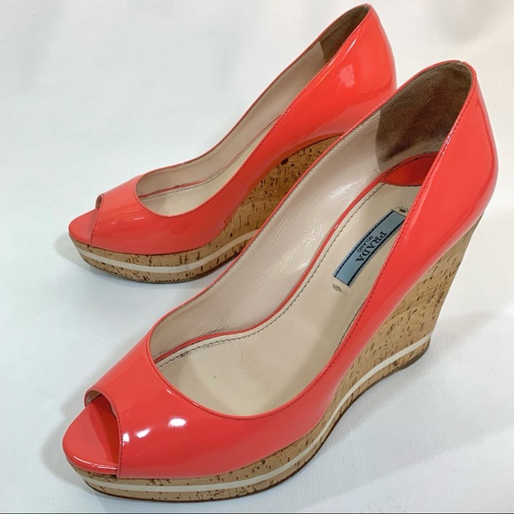 Prada Coral Patent Peep Toe Cork Wedge Pumps 8 M - Picture 2 of 8